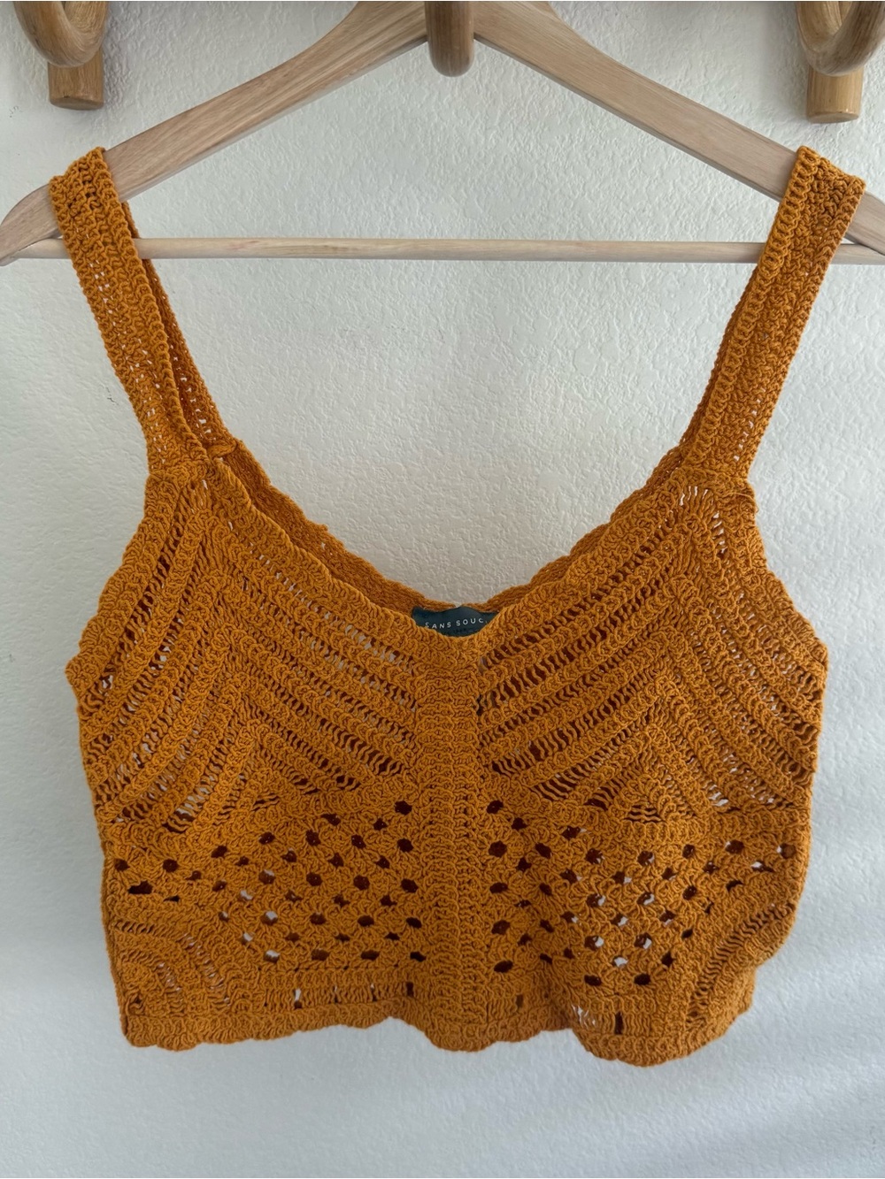 Sans Souci indie hippie Mustard Yellow Boho Crochet Crop Tank Top Open Knit